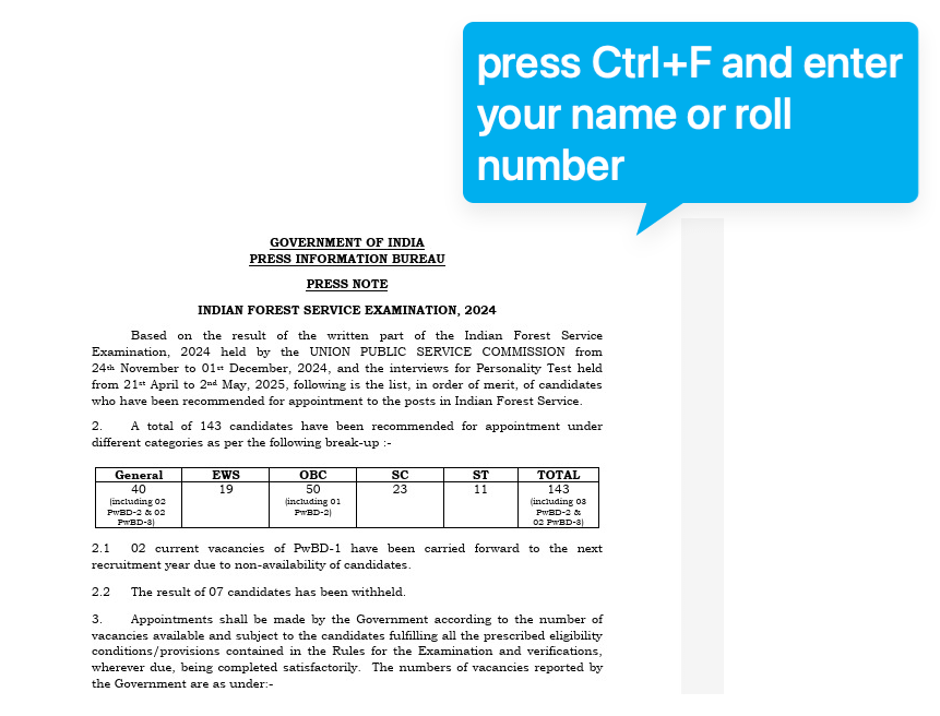 step 2: press Ctrl+F and enter your name or roll number UPSC IFS IFOS Result 2024 pdf